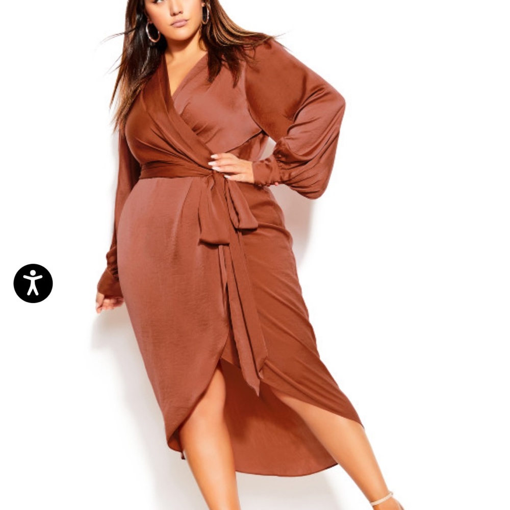 City Chic Rust Brown Long Sleeve Wrap Midi Dress